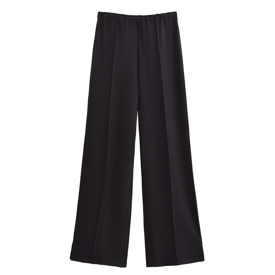 Women's Long Sleeve Round Neck Top and Wide Pants Two-Piece Set | Seam Detail