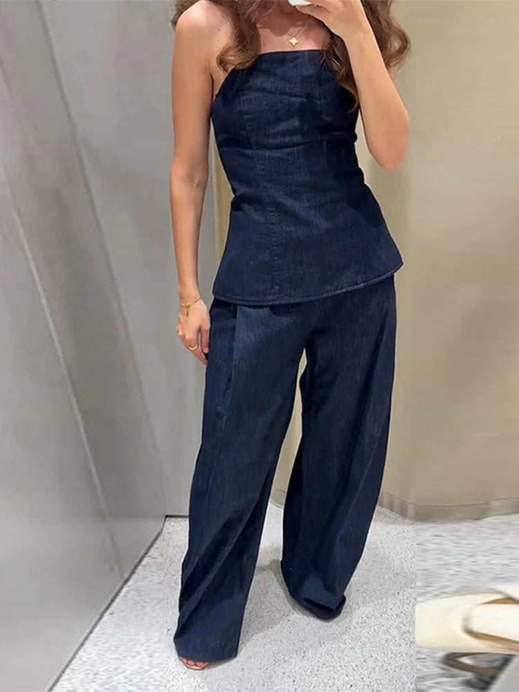 Women's Bandeau Top with Peplum and Wide Pants Two-Piece Set | Minimalist Style