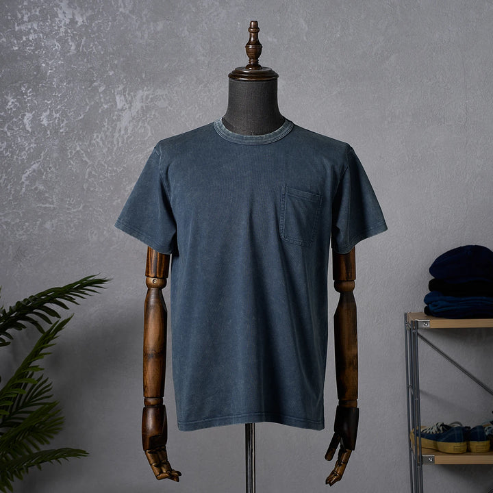 Męski Sprany T-Shirt z Okrągłym Dekoltem, Krótkim Rękawem i Kieszonką | Vintage Krój