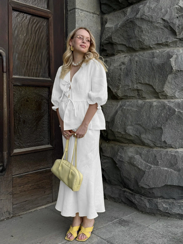 Women's Puffy Sleeve Top Tied at the Front and Maxi Skirt Two-Piece Set | V-Neckline