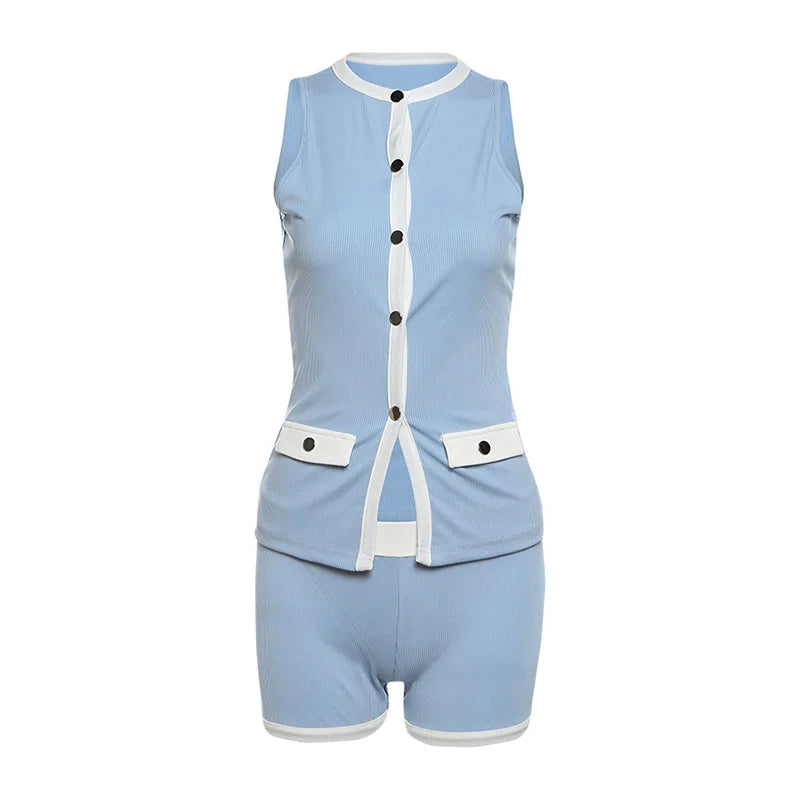Women's Contrast Trim Sleeveless Cardigan and Shorts Two-Piece Set | Front Buttons