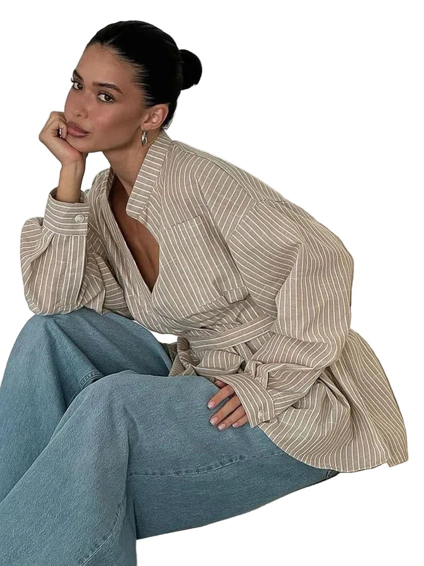 Women's Striped Long Sleeve Shirt with Waist Belt | Waist Tie