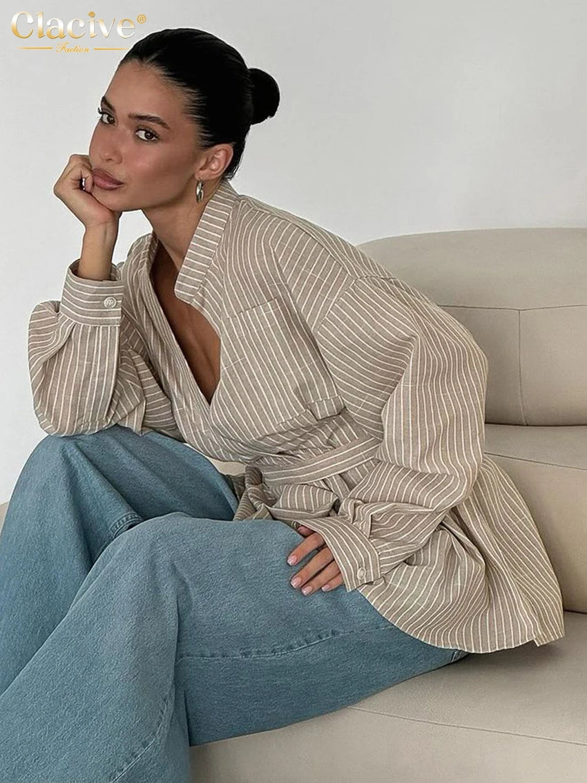 Women's Long Sleeve Blouse Stripes Stand Collar Waist Tie Blouse | Front Buttons