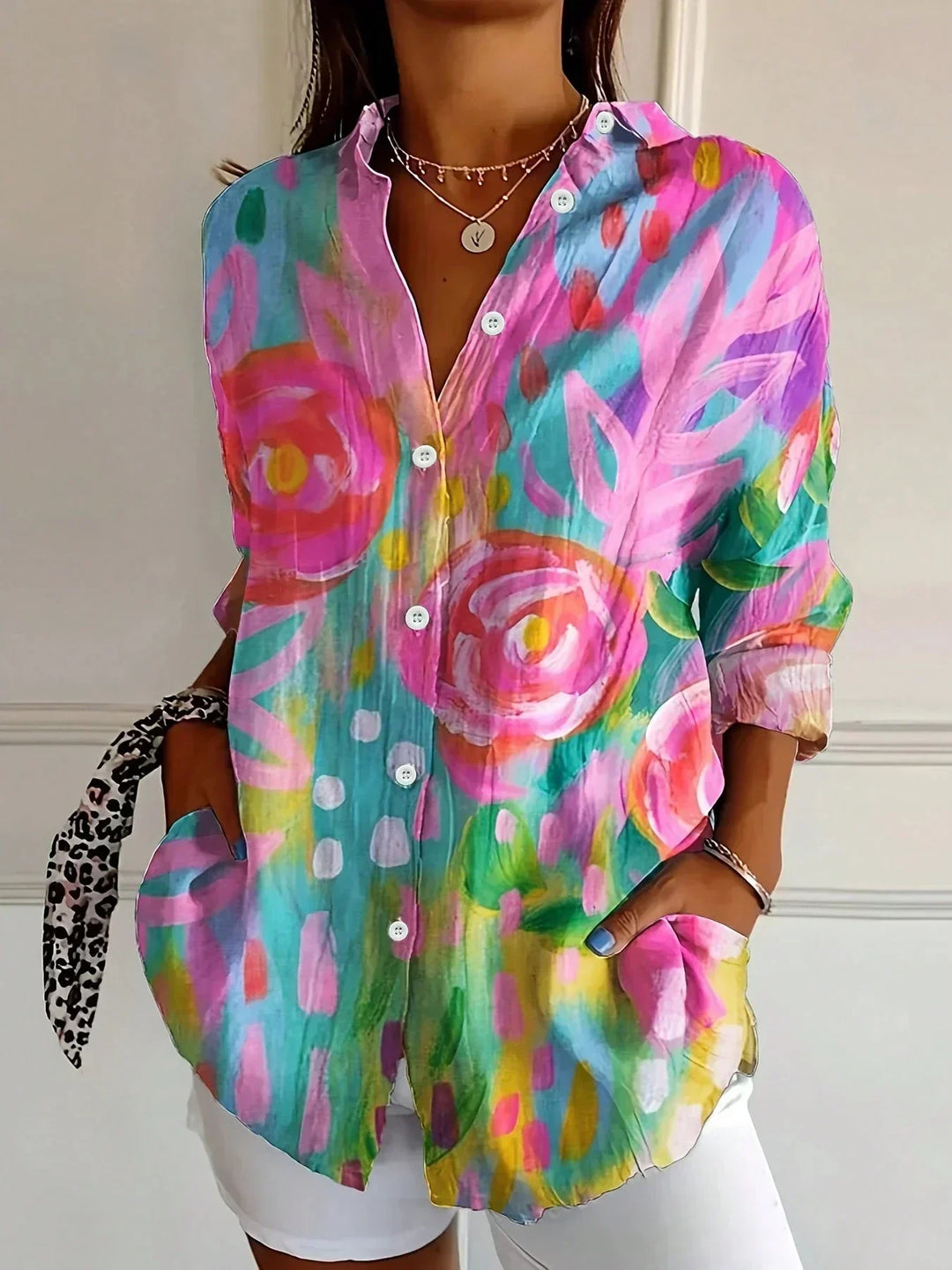 Hanna | Women's Colorful Printed Blouse with Rolled-Up Sleeves