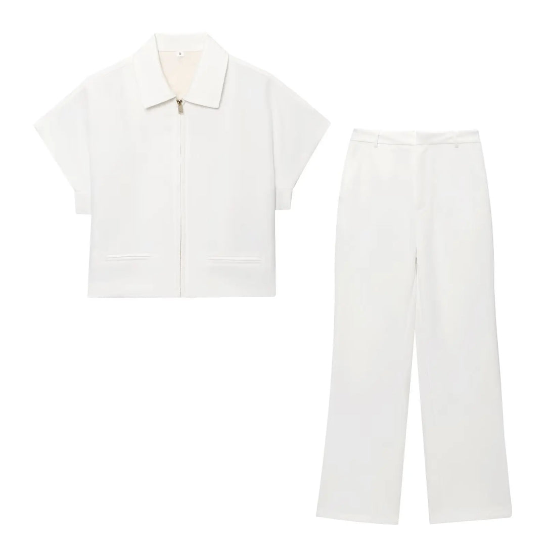 Women's Collar Front Zipper Top and Wide Pants Two-Piece Set | Minimalist Style