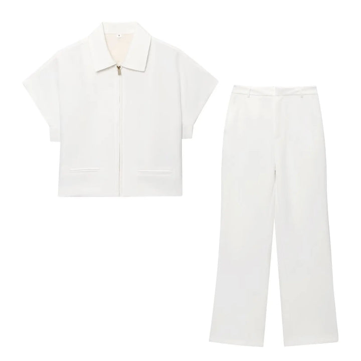 Women's Collar Front Zipper Top and Wide Pants Two-Piece Set | Minimalist Style