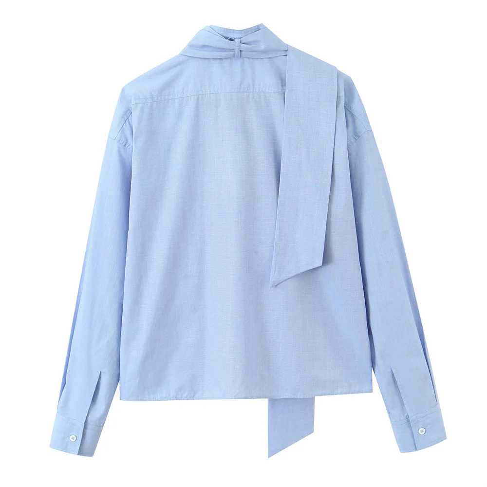 Women's Shirt Long Sleeve High Collar Buttons Tie at Neck Shirt | Loose Fit