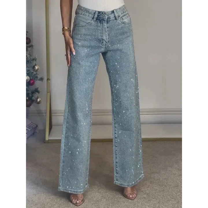 Women's High Waist Wide Leg Rhinestone Pants | Flared Cut