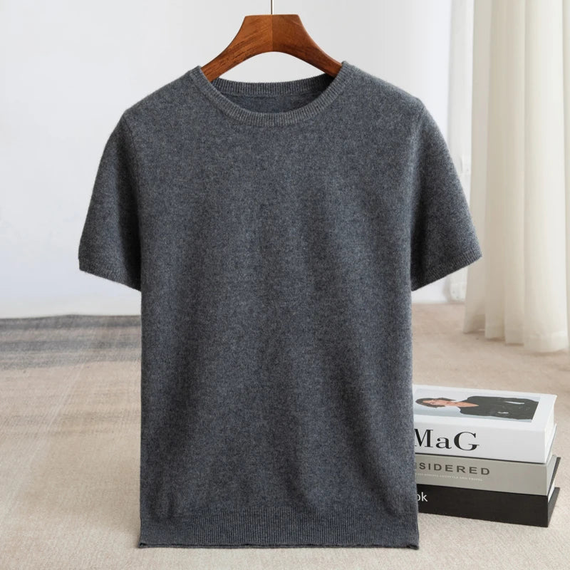Męski T-shirt Dzianinowy Krótki Rękaw Okrągły Dekolt Prążkowany Dół Pulower T-shirt | Minimalistyczny