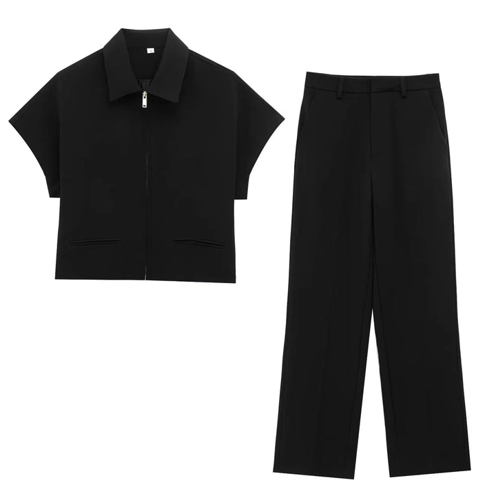Women's Collar Front Zipper Top and Wide Pants Two-Piece Set | Minimalist Style