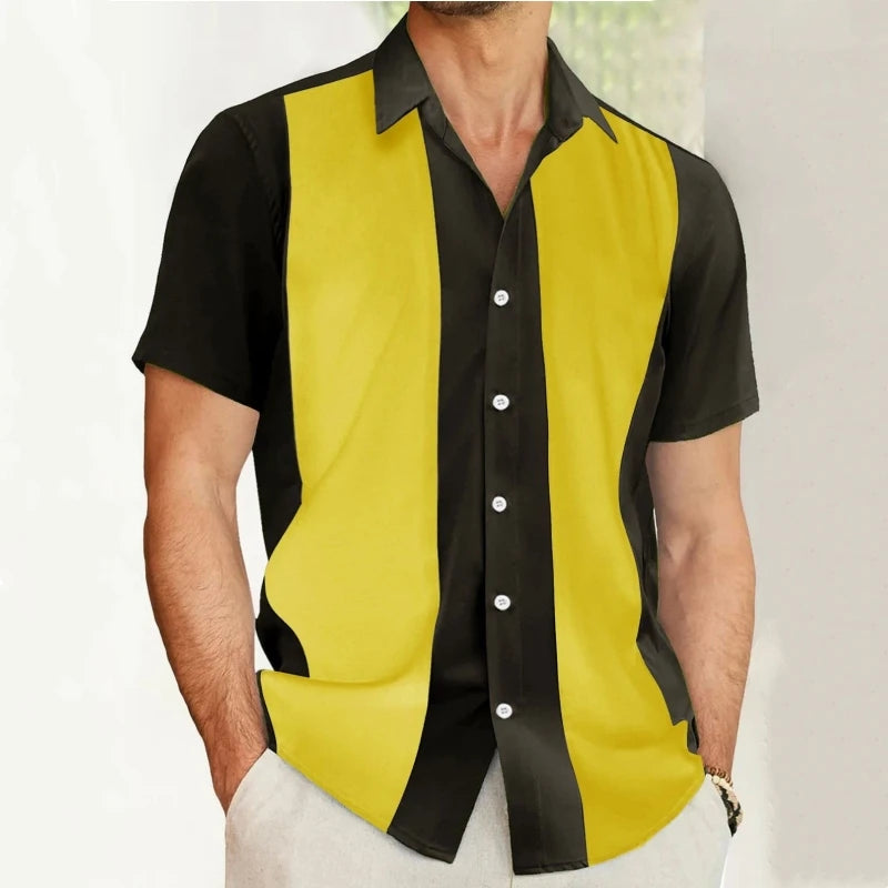 Męska Koszula Color Block z Krótkim Rękawem, Guzikami i Wykładanym Kołnierzykiem | Koszula Retro