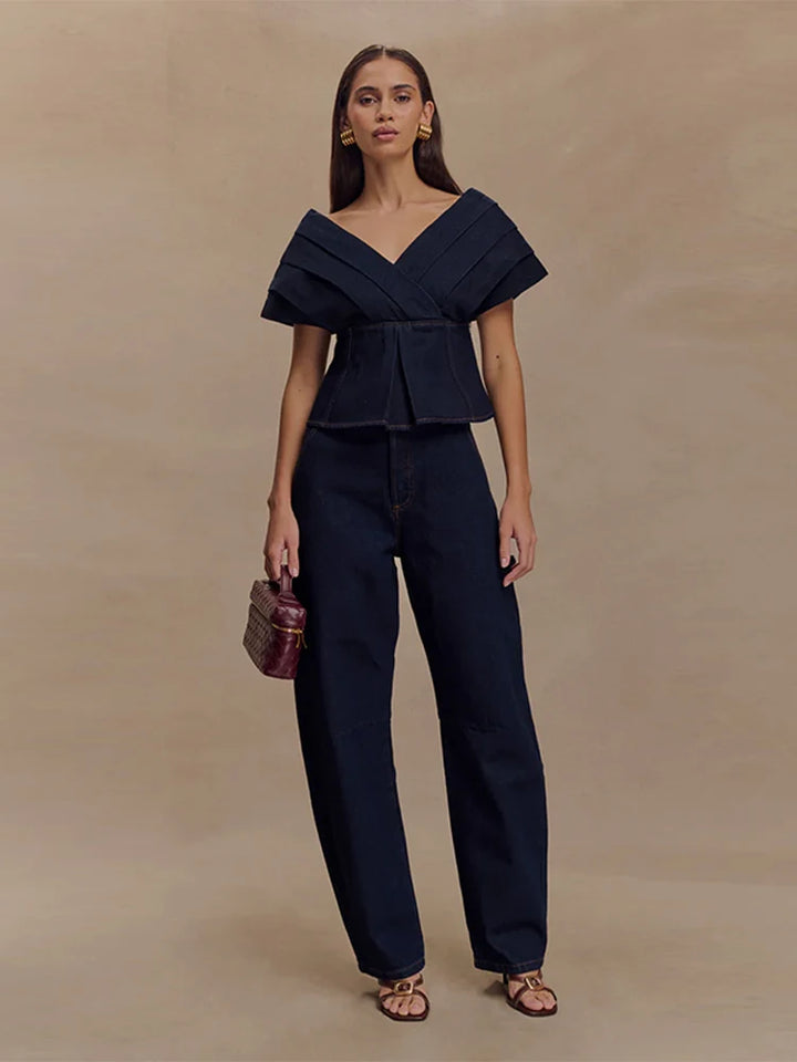 Women's Off-Shoulder Top with Peplum and Straight-Leg Pants Two-Piece Set | Structural Design