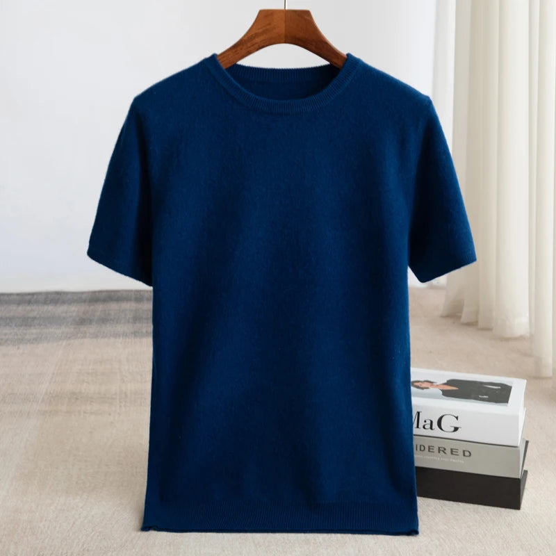 Męski T-shirt Dzianinowy Krótki Rękaw Okrągły Dekolt Prążkowany Dół Pulower T-shirt | Minimalistyczny