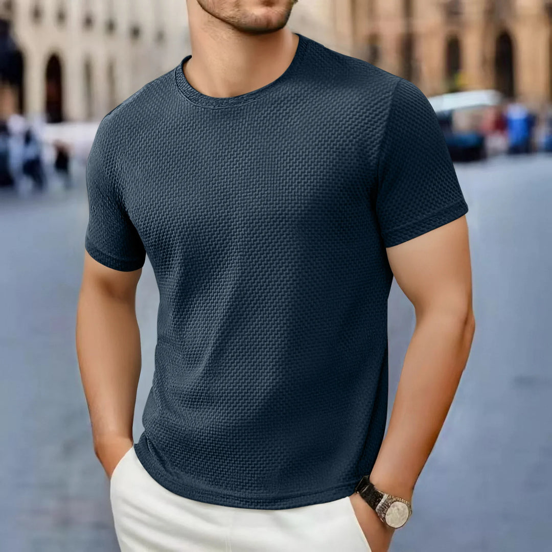 Męski T-Shirt z Fakturą, Okrągłym Dekoltem i Krótkim Rękawem | Dopasowany Krój