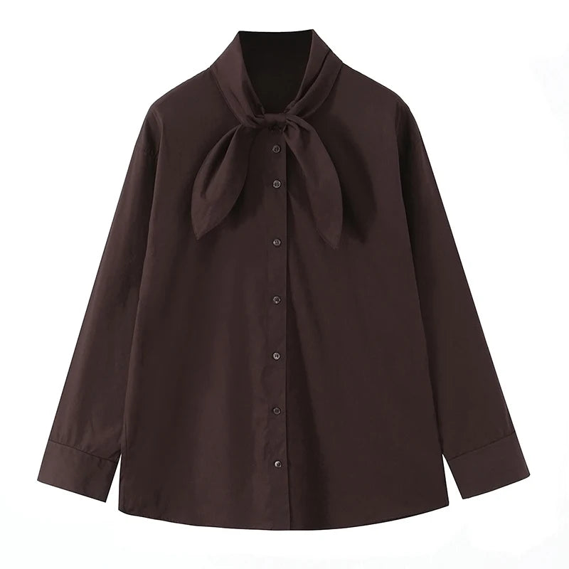 Women's Long Sleeve Shirt Blouse with Tie | Button Closure