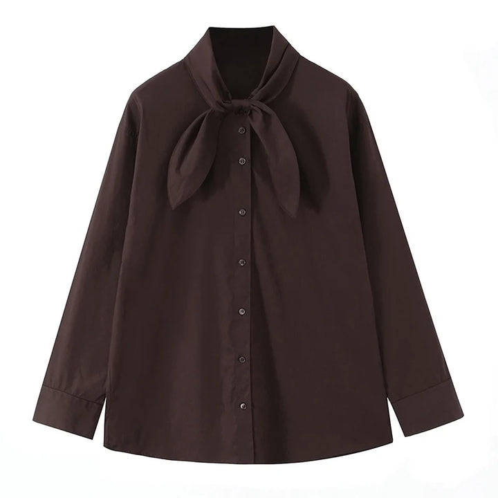 Women's Long Sleeve Shirt Blouse with Tie | Button Closure