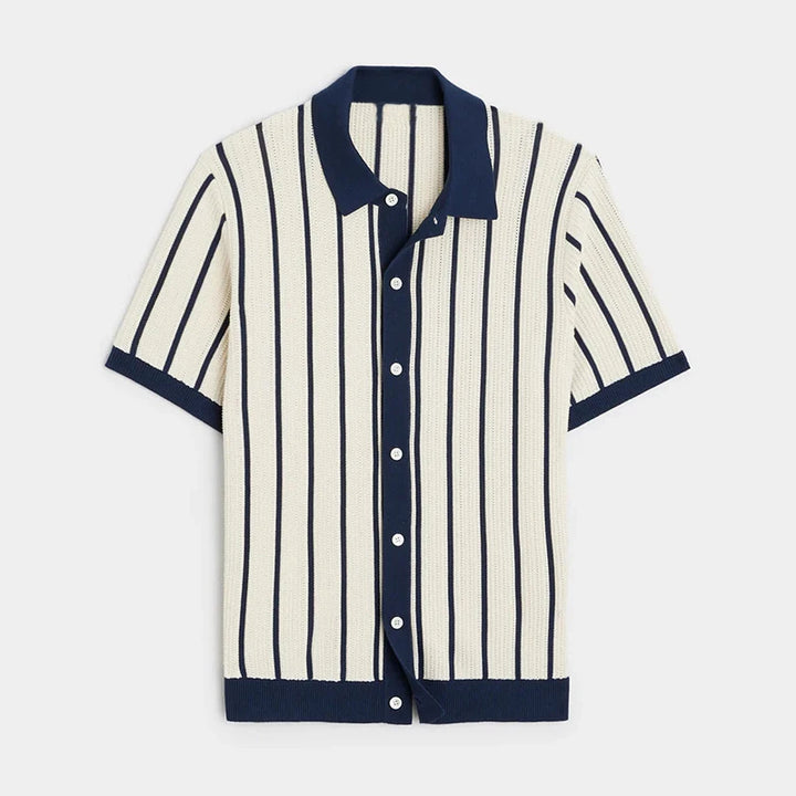 Męski Sweter Polo w Paski z Krótkim Rękawem i Guzikami | Retro Krój