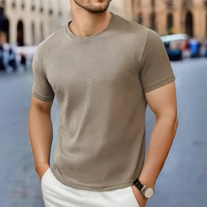 Męski T-Shirt z Fakturą, Okrągłym Dekoltem i Krótkim Rękawem | Dopasowany Krój