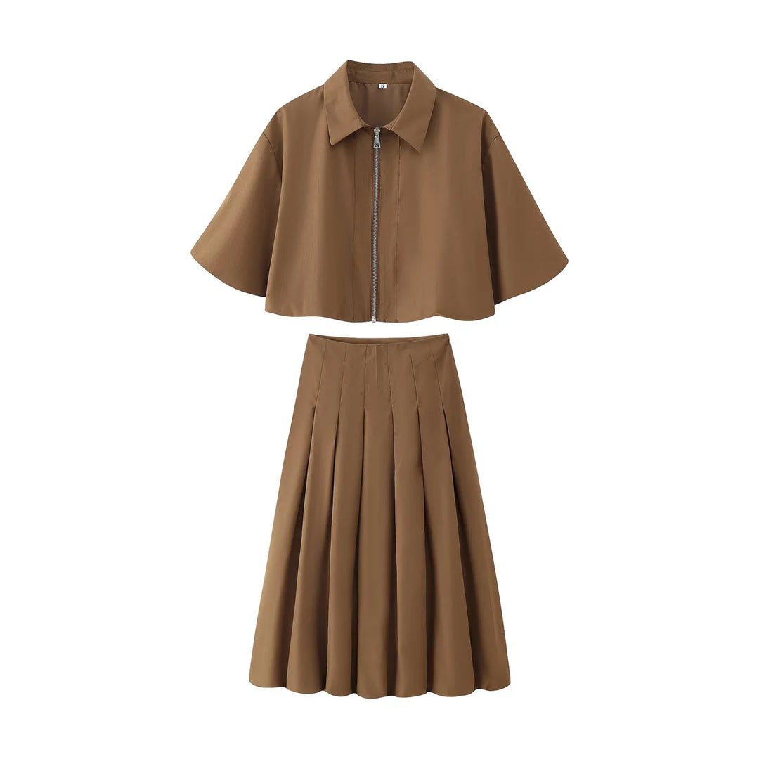 Women's Short Zip Jacket and Pleated Midi Skirt Two-Piece Set | Batwing Sleeve