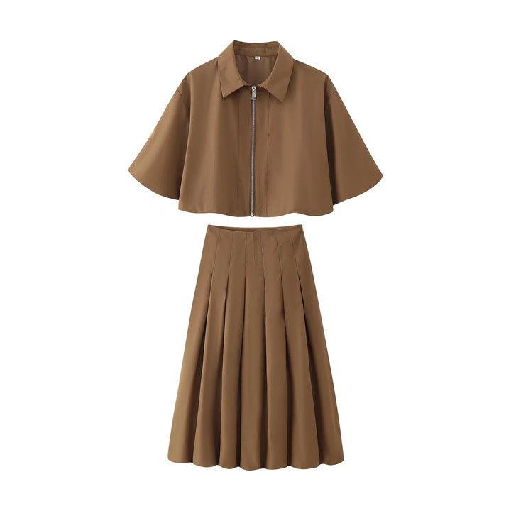 Women's Short Zip Jacket and Pleated Midi Skirt Two-Piece Set | Batwing Sleeve