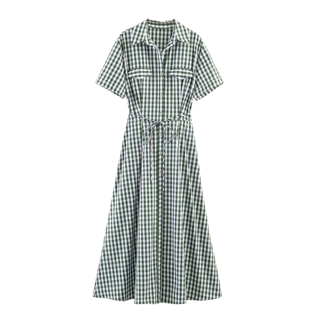 Women's Plaid Shirt Dress with Short Sleeves and Pockets | Waist Belt
