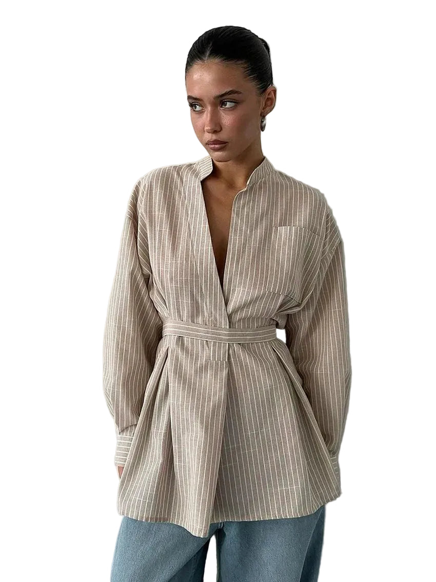 Women's Striped Long Sleeve Shirt with Waist Belt | Waist Tie