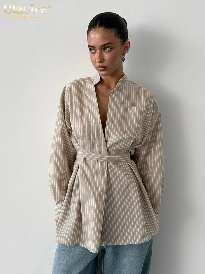 Women's Long Sleeve Blouse Stripes Stand Collar Waist Tie Blouse | Front Buttons