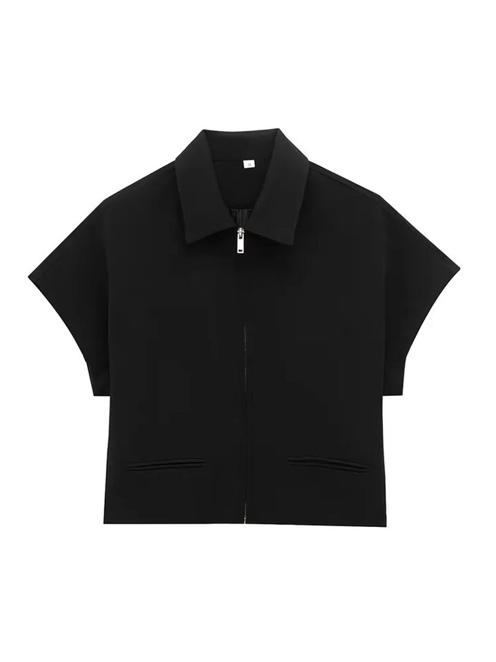 Women's Collar Front Zipper Top and Wide Pants Two-Piece Set | Minimalist Style