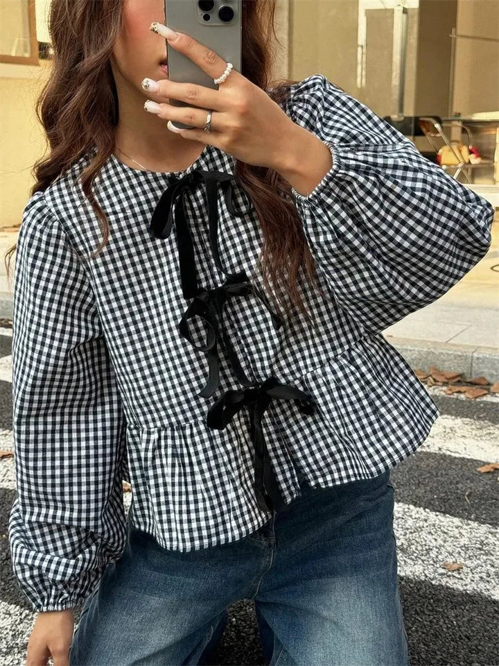 Women's Long Sleeve Checkered Blouse with Front Bow Tie | Ruffle Hem Blouse