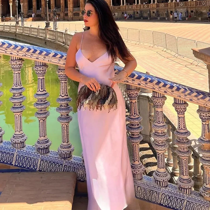 Women's Sleeveless Midi Dress with Straps and Slit | Open Back