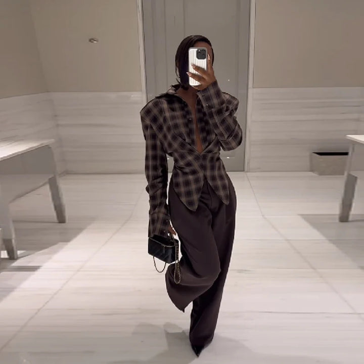Women's Shirt Twisted Front Plaid Button-Up Long Sleeve Shirt | Long Sleeve