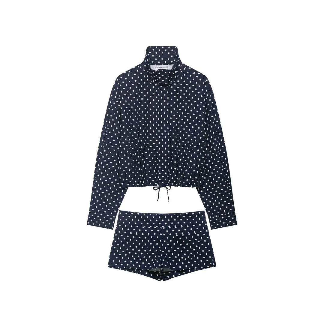 Women's Polka Dot Long Sleeve Top and Shorts Two-Piece Set | High Neckline