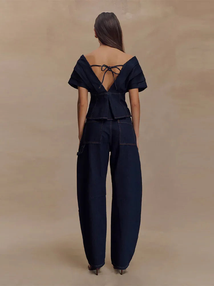 Women's Off-Shoulder Top with Peplum and Straight-Leg Pants Two-Piece Set | Structural Design