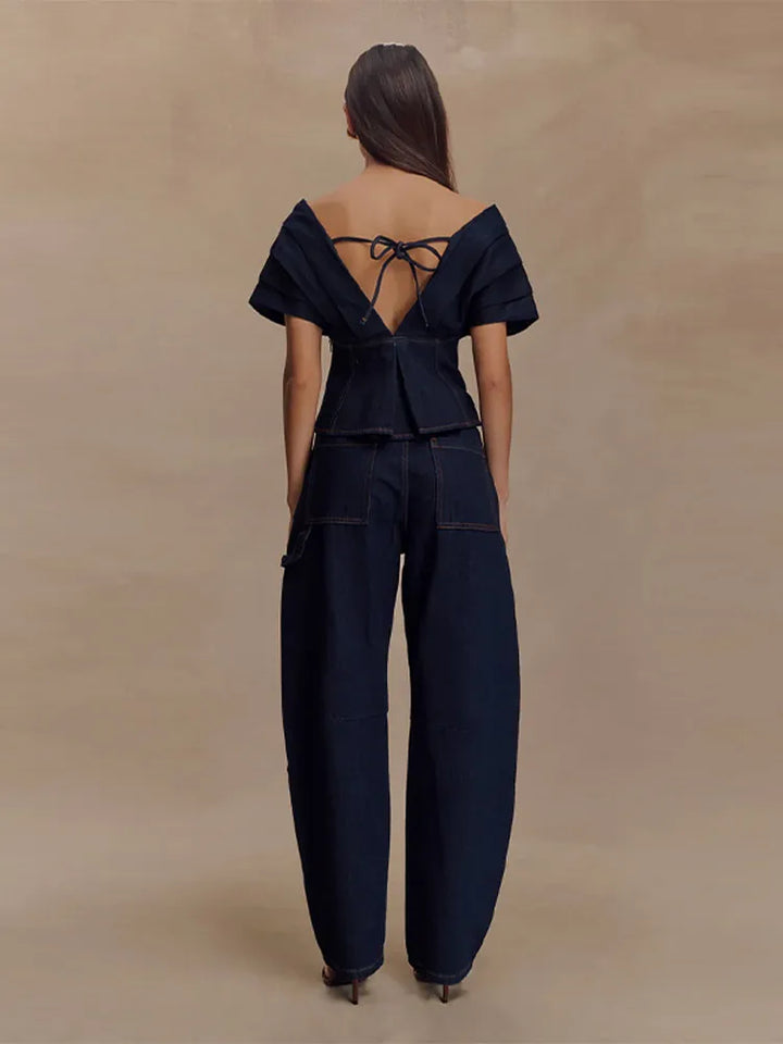 Women's Off-Shoulder Top with Peplum and Straight-Leg Pants Two-Piece Set | Structural Design