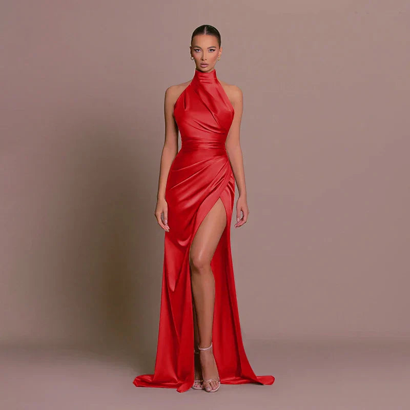 Women's One-Shoulder Dress with Ruching and High Slit | Maxi