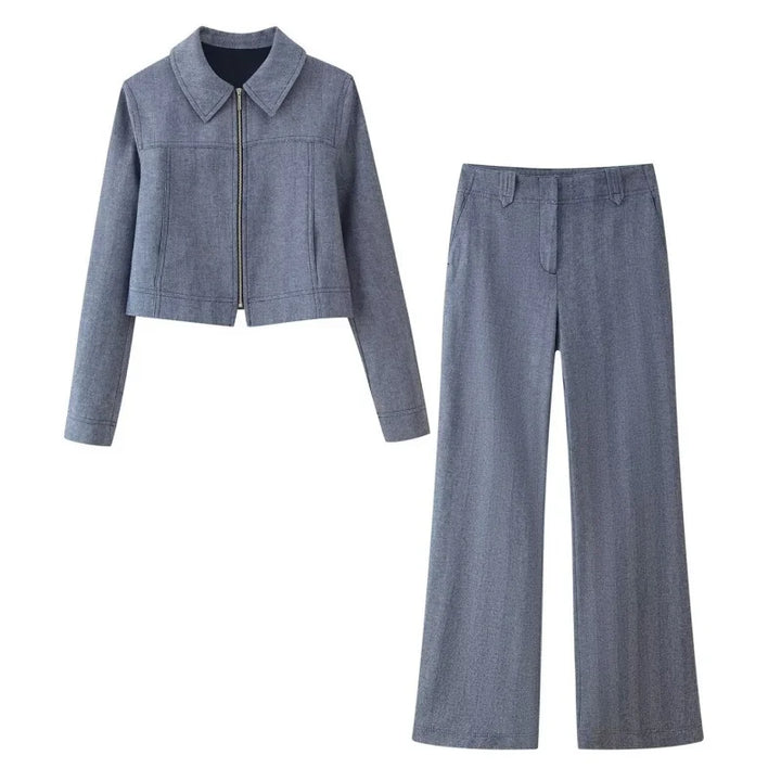 Women's Set with Short Zip-Up Jacket and Wide-Leg High-Waist Pants | Two-Piece Outfit
