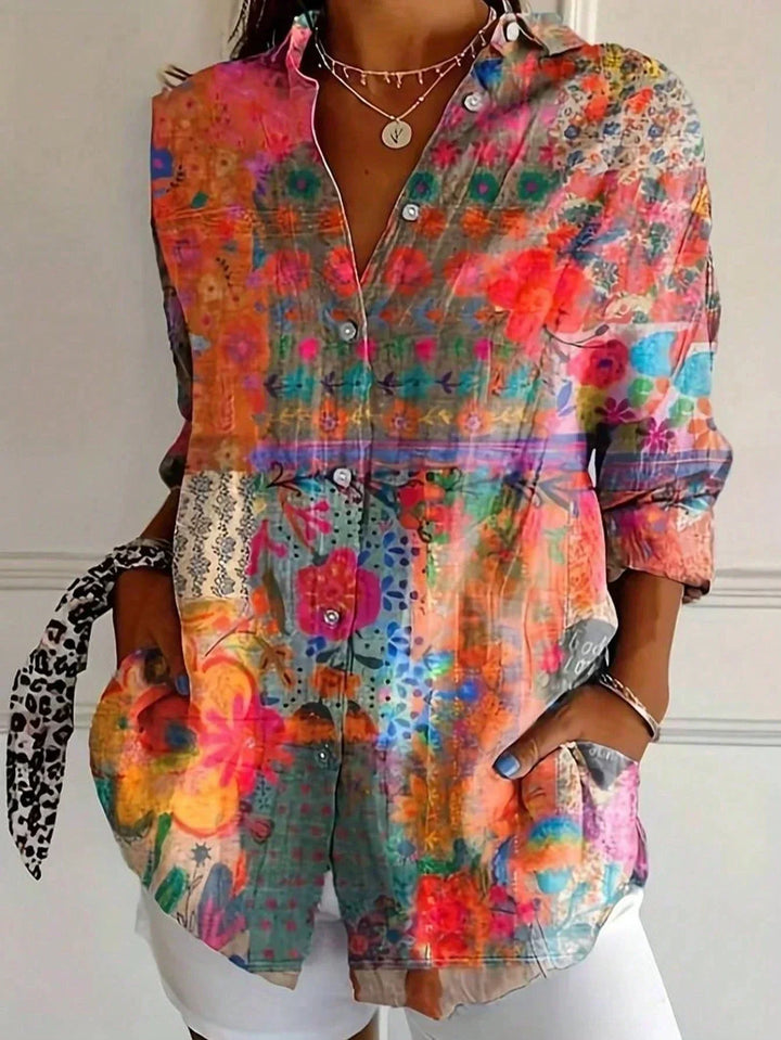 Hanna | Women's Colorful Printed Blouse with Rolled-Up Sleeves