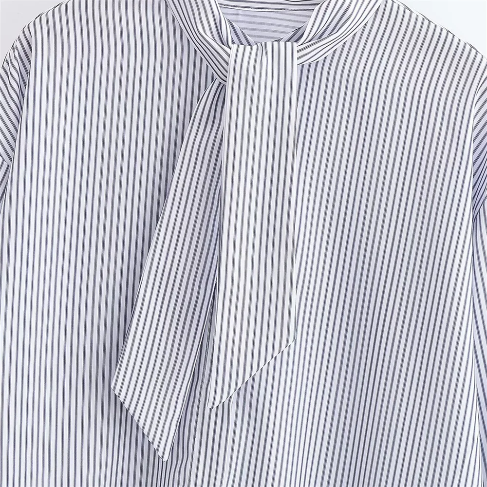Women's Long Sleeve Shirt Stripes Neck Tie Buttons Shirt | Loose Fit