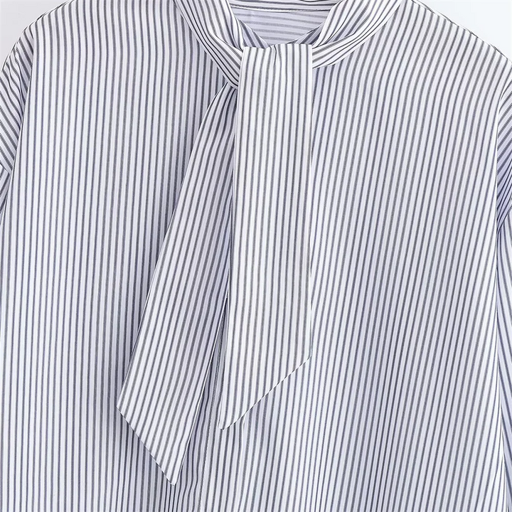 Women's Long Sleeve Shirt Stripes Neck Tie Buttons Shirt | Loose Fit