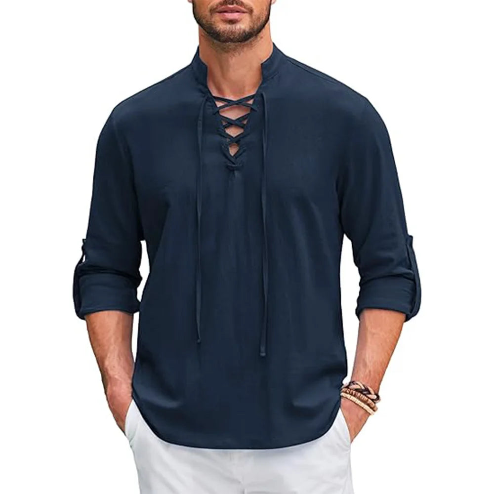 Męska Koszulka Casual Henley | Bluzka z Długim Rękawem Wkładana Przez Głowę | Regularny Krój | Swobodny Styl Vintage