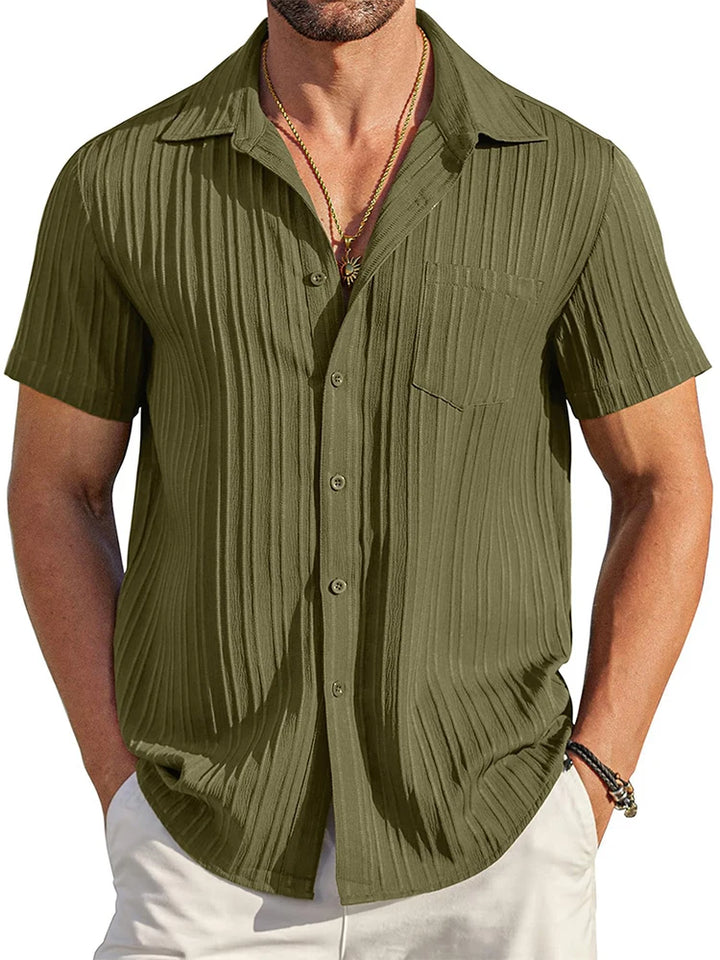 Męska Plisowana Koszula z Krótkim Rękawem, Guzikami i Kieszonką | Koszula Letnia