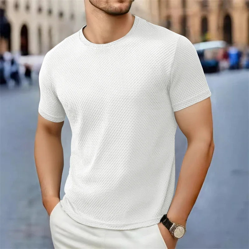 Męski T-Shirt z Fakturą, Okrągłym Dekoltem i Krótkim Rękawem | Dopasowany Krój