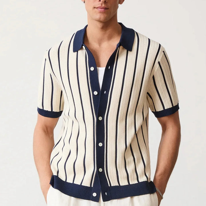 Męski Sweter Polo w Paski z Krótkim Rękawem i Guzikami | Retro Krój