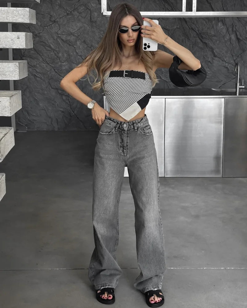 Damskie Wysoki Stan Szeroka Nogawka Spodnie Casual | Prosty Krój