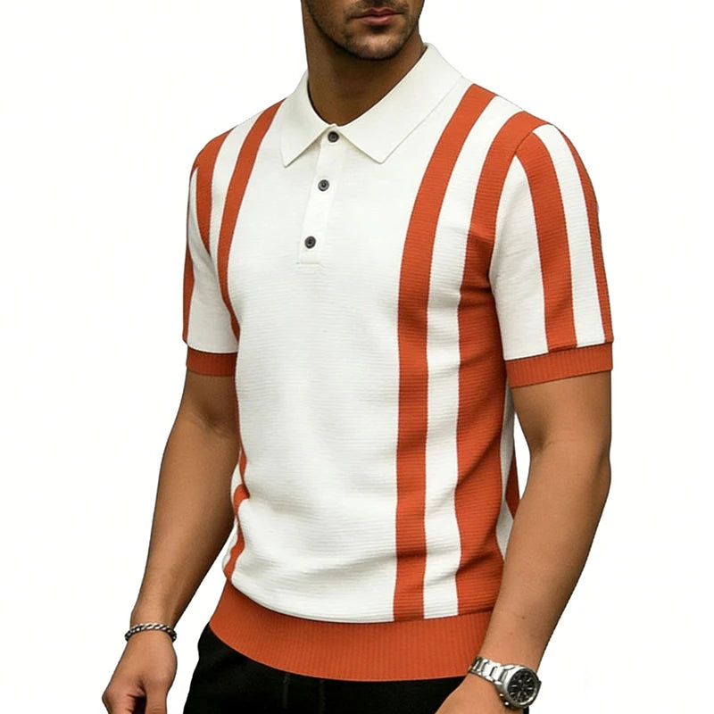 Męska Koszulka Polo w Pionowe Paski z Krótkim Rękawem | Styl Retro