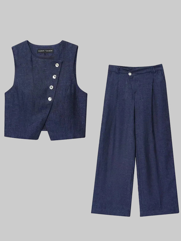 Women's Asymmetrical Button Vest and Wide-Leg Pants Two-Piece Set | Fitted Style