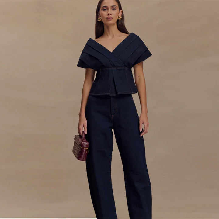 Women's Off-Shoulder Top with Peplum and Straight-Leg Pants Two-Piece Set | Structural Design