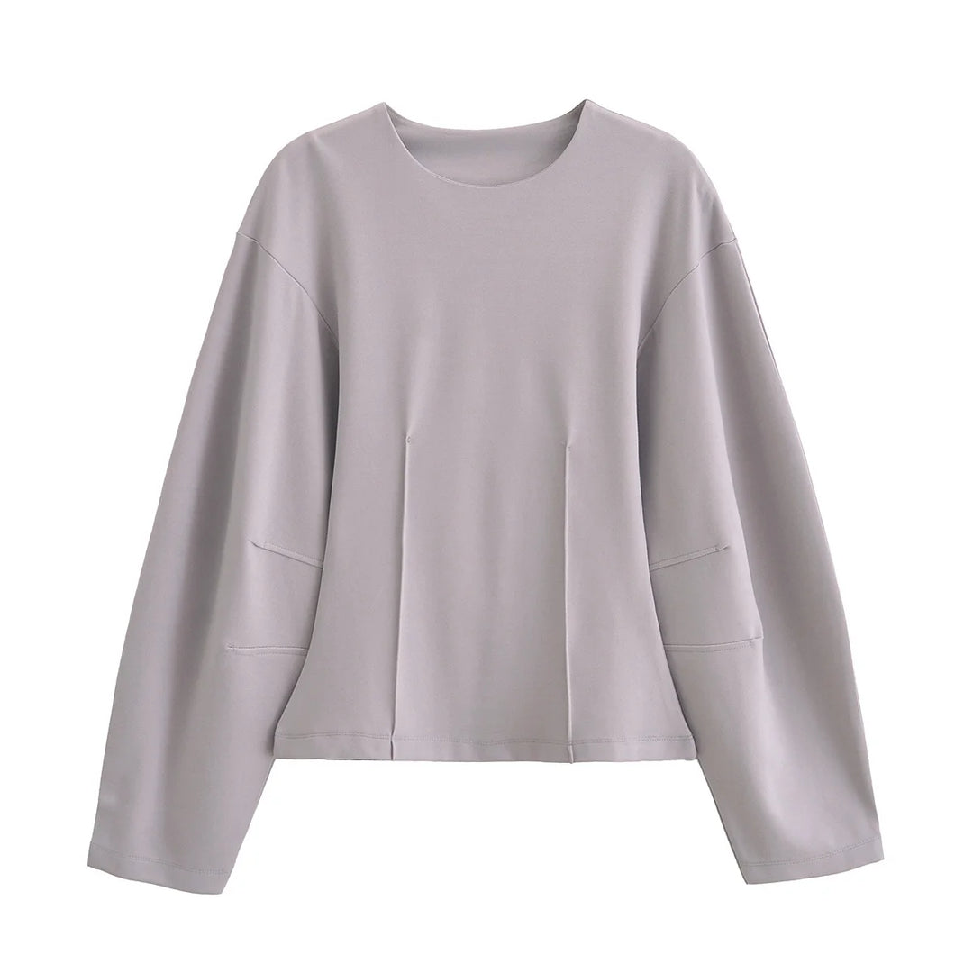 Women's Long Sleeve Round Neck Top and Wide Pants Two-Piece Set | Seam Detail