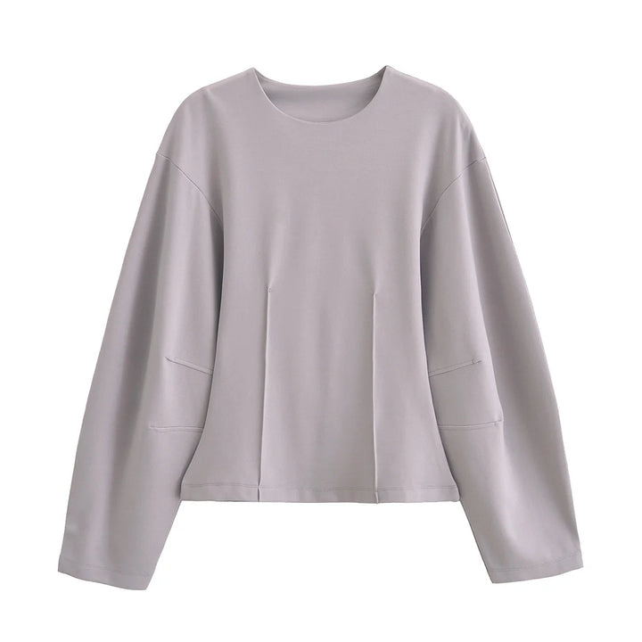 Women's Long Sleeve Round Neck Top and Wide Pants Two-Piece Set | Seam Detail