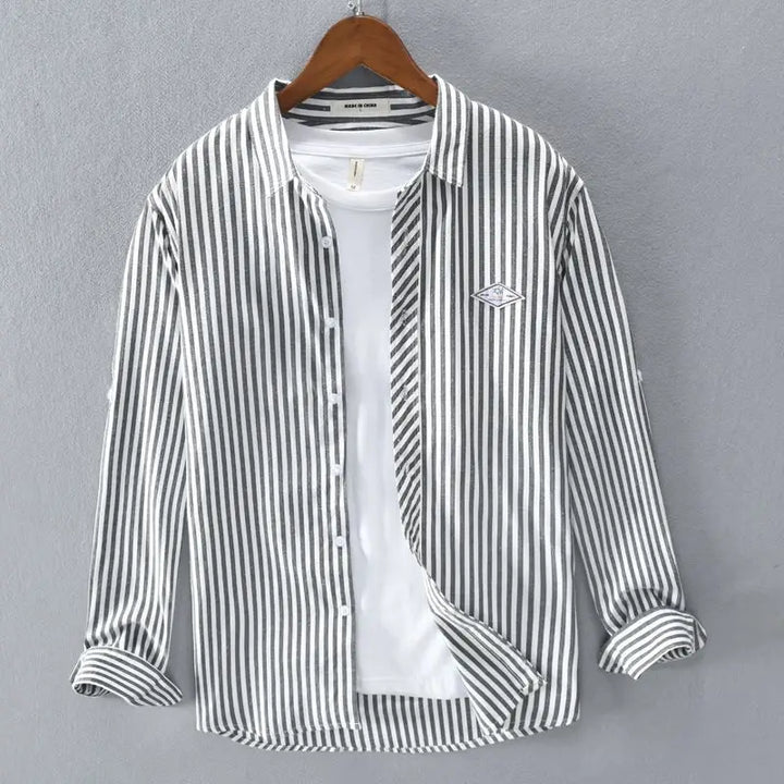 Męska Koszula w Paski na Guziki ze Stójką | Casualowy Styl